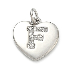 Letter F Латунные микропаве прозрачные подвески с фианитом, сердце прелести, без кадмия и без свинца, стойки покрытие, долговечный, платина, Буква F, 15x15x2 мм, отверстие : 3 мм