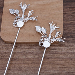 Silver Iron Hair Stick Findings, with Alloy Leaf Findings, Silver, 160mm, Round Tray: 10mm