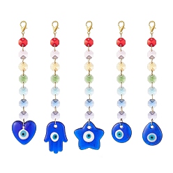 Mixed Color Handmade Evil Eye Lampwork Pendants Decorations, Octagon Glass Beaded Suncatchers, 304 Stainless Steel Lobster Claw Clasp Charms, Heart/Hamsa Hand/Teardrop, Mixed Color, 182~202mm