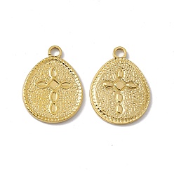 Golden Vacuum Plating 304 Stainless Steel Pendants, Teardrop with Cross Pattern Charms, Golden, 23x17x1.5mm, Hole: 2.2mm