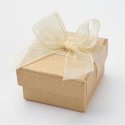 Pale Goldenrod Cardboard Ring Boxes, with Organza Bowknot, Square, Pale Goldenrod, 5x5x3.1cm