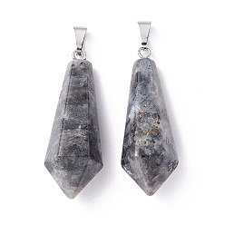 Labradorite Natural Larvikite Pointed Pendants, with Platinum Plated Brass Loops, Bullet, 35.3~38x13~14mm, Hole: 6.5x2.8mm