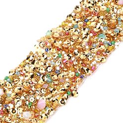 Gold Hotfix Rhinestone, with Chip Stone, Sequins Beads, Acrylic Imitation Pearl and Rhinestone Trimming, Crystal Glass Sewing Trim Rhinestone Tape, Costume Accessories, Gold, 37mm
