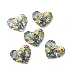 Dark Slate Gray Printed Transparent Acrylic Pendants, Heart with Leaf Pattern, Dark Slate Gray, 34x39x2mm, Hole: 2mm