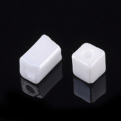 White 6/0 Glass Seed Beads, Opaque Colours Lustered, Round Hole, Cube, White, 3~7x3.5x3.5mm, Hole: 1.2mm, about 4500pcs/bag