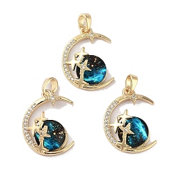 Cyan Rack Plating Brass Pave Clear Cubic Zirconia Pendants, Moon with Star Charms with Epoxy Resin, Real 18K Gold Plated, Long-Lasting Plated, Cadmium Free & Lead Free, Cyan, 21.5x16.5x8mm, Hole: 3x4.5mm
