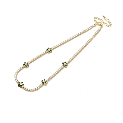 Green Cubic Zirconia Chain Necklace for Girl Women Gift, Flower Necklace with Brass Chain Extender & Lobster Claw Clasps, Lead Free & Cadmium Free, Long-Lasting Plated, Green, 16 inch(40.7~40.8cm)