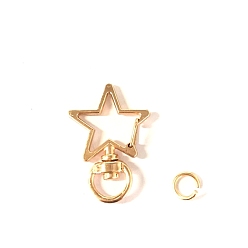 Light Gold Star Alloy Swivel Clasps, Lanyard Push Gate Snap Clasps, Light Gold, 3.4x2.4x0.6cm, Hole: 9x5mm, Jump Ring: 8x1mm