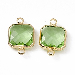 Peridot Transparent K9 Glass Connector Charms, with Light Gold Plated Brass Findings, Faceted, Square Links, Peridot, 19.5x12.5x4.5mm, Hole: 2.2mm