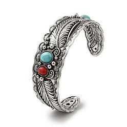 Antique Silver Tibetan Style Alloy Cuff Bangles, Bohemian Style Feather Bangle for Women, with Imitation Turquoise, Antique Silver, 5/8~1-1/8 inch(1.5~2.7cm), Inner Diameter: 2-5/8 inch(6.74cm)