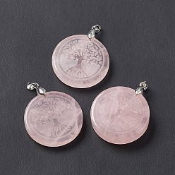 Rose Quartz Natural Rose Quartz Pendants, Flat Round Charms with Tree of Life Pattern, with Rack Plating Platinum Tone Brass Findings, Cadmium Free & Lead Free, 30x4~8mm, Hole: 4x4mm