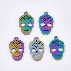 Rainbow Color Ion Plating(IP) 201 Stainless Steel Pendants, Sugar Skull, For Mexico Holiday Day of the Dead, Rainbow Color, 18x10.5x1mm, Hole: 1.6mm