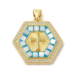 Средний Бирюзовый Латунные микропаве прозрачные подвески с фианитом, с эмалью и ракушкой, долговечный, без свинца и без кадмия, реальный 18 k позолоченный, шестиугольник с крестом, средне бирюзовый, 24x24x4 мм, отверстие : 5x3.5 мм