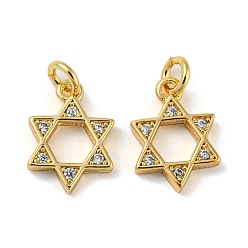 Real 18K Gold Plated Rack Plating Brass Micro Pave Cubic Zirconia Pendants, with Jump Ring, Cadmium Free & Lead Free, Long-Lasting Plated, Star of David, Real 18K Gold Plated, 12.5x9x2mm, Hole: 2.4mm