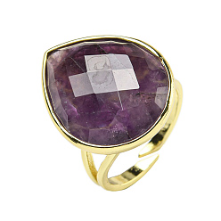 Amethyst Teardrop Natural Amethyst Open Cuff Rings, Golden Plated Brass Ring for Unisex, Inner Diameter: Adjustable