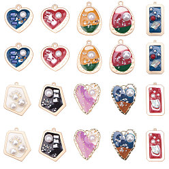 Mixed Color Epoxy Resin Pendants, with ABS Plastic Imitation Pearl, Alloy Findings and Enamel, Heart & teardrop, & Rectangle & Polygon, Matte Gold Color, Mixed Color, 35~40.5x21~35x4.5~5.5mm, Hole: 1.5~4.5mm, 20pcs/box