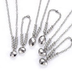 Stainless Steel Color 304 Stainless Steel Jewekry Sets, Necklaces and Bracelets, with Cable Chains and Lobster Claw Clasps, Faceted, Mixed Shape, Stainless Steel Color, 18.1 inch(46cm), 8-1/8 inch(20.5cm)