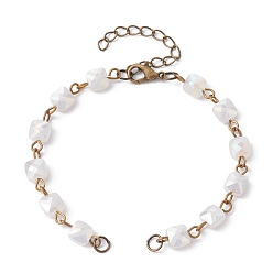 White Square Faceted Glass Beaded Link Chain Bracelet Making, with Lobster Claw Clasp, Fit for Connector Charms, White, 6-1/4~6-3/8 inch(15.8~16.2cm)