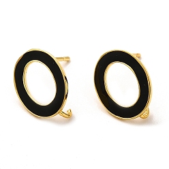 Black Rack Plating Brass Enamel Stud Earring Findings, with Vertical Loop, Real 18K Gold Plated, Lead Free & Cadmium Free, Black, 15x11.5mm, Hole: 1.6mm, Pin: 1mm
