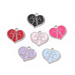 Mixed Color Alloy Enamel Pendants, Heart with Letter A Charm, Platinum, Mixed Color, 17x18x1mm, Hole: 1.8mm