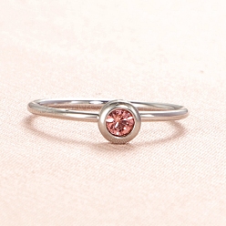 Pink Glass Birthstone Style Diamond Finger Ring, Stainless Steel Ring, Pink, Inner Diameter: 16.8mm