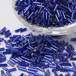 Royal Blue Silver Lined Glass Bugle Beads, Round Hole, Royal Blue, 6~7x1.5~2mm, Hole: 0.5mm, about 12500pcs/bag
