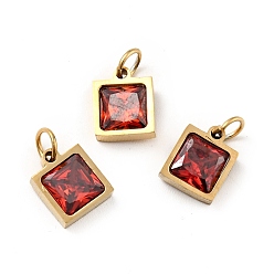 FireBrick Vacuum Plating 304 Stainless Steel Pendants, with Cubic Zirconia and Jump Rings, Single Stone Charms, Square, Golden, FireBrick, 9.5x8x3.5mm, Hole: 3.4mm