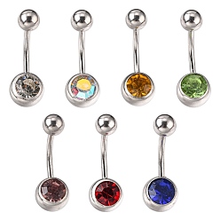 Mixed Color 304 Stainless Steel Belly Rings, with Rhinestones, Curved Barbell, Mixed Color, 22x5~8mm, Bar Length: 7/16"(11mm), Pin: 18 Gauge(1mm)