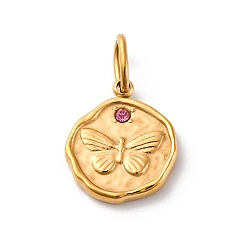 Роза 304 из нержавеющей стали горный хрусталь подвески, ионное покрытие (ip), реальный 14 k позолоченный, плоский круглый с подвеской в виде бабочки, роза, 15x12.5x2 мм, отверстие : 5x3.7 мм