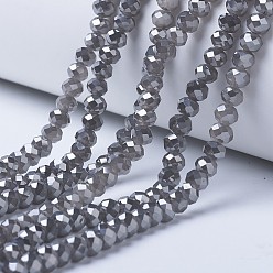 Gray Electroplate Glass Beads Strands, Imitation Jade, Full Rainbow Plated, Faceted, Rondelle, Gray, 10x8mm, Hole: 1mm, about 63~65pcs/strand, 19.2~20 inch(48~50cm)