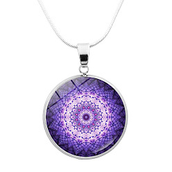 Purple Glass Mandala Flower Dome Pendant Necklace, Platinum Brass Jewelry for Women, Purple, 24.21 inch(61.5cm)