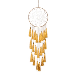 Gold Iron Bohemian Woven Web/Net with Feather Pendant Decorations, with Tassel for Home Bedroom Hanging Decorations, Gold, 830x200mm