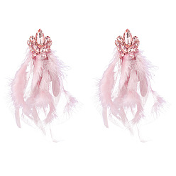 Pink Exaggerated Alloy Inlaid Rhinestone Flower Long Feather Tassel Earrings for Women Bohemian Artistic Chic Ear Jewelry
