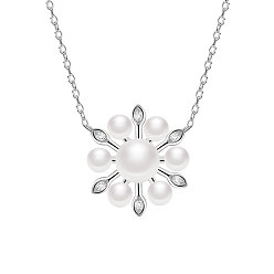 Platinum TINYSAND Rhodium Plated 925 Sterling Silver Pendant Necklace, Flower Pendant with Cubic Zirconia and Cultured Pearl, Platinum, 16 inch