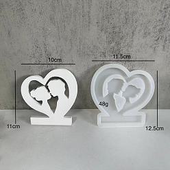 White Valentine's Day Food-Grade Silicone Heart with Couples Display Molds, Resin Casting Molds, for UV Resin, Epoxy Resin Craft Making, White, 125x115mm