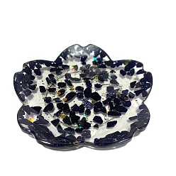 Blue Goldstone Resin Flower Plate Display Decoration, with Synthetic Blue Goldstone Chips inside Statues for Home Office Decorations, 100x100x15mm