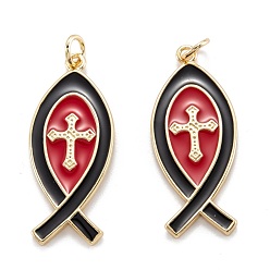 Black Real 18K Gold Plated Brass Pendants, with Enamel, Long-Lasting Plated, Christian Ichthys Ichthus with Cross, Black, 30.5x12.5x1.5mm, Jump Ring: 5x0.7mm, 3.6mm inner diameter