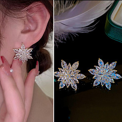 Platinum Snowflake Alloy Rhinestone Studs Earrings, with Rhodium Plated 925 Sterling Silver Pins, Platinum, 50x50mm