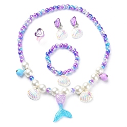 Medium Purple Plastic & Resin Bead Jewelry Set for Kids, including Shell & Mermaid Tail Pendant Necklaces & Charm Bracelets, Heart Finger Rings & Clip-on Earring, Medium Purple, Necklace: 18-1/2 inch(47cm), Earring: 38x20mm, Inner Diameter: Bracelet: 1-5/8 inch(4.2cm), Ring: 15mm