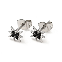 Jet Rhinestone Flower Stud Earrings with 316 Surgical Stainless Steel Pins, Stainless Steel Color Plated 304 Stainless Steel Jewelry for Women, Jet, 8x8mm, Pin: 0.8mm