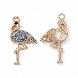 Light Sapphire Alloy Rhinestone Pendants, Flamingo Charm, Light Gold, Light Sapphire, 28x15x2.5mm, Hole: 2mm