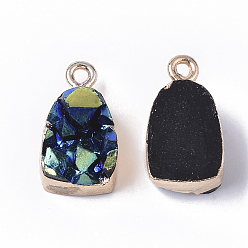 Blue Druzy Resin Pendants, with Edge Light Gold Plated Iron Loops, AB Color Plated, Blue, 17.5x10x8mm, Hole: 1.8mm
