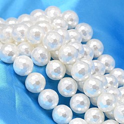 White Faceted Round Shell Pearl Bead Strands, White, 10mm, Hole: 0.8~1mm, about 41pcs/strand, 15.74 inch