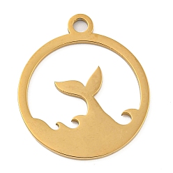Fish Ионное покрытие (ip) 304 подвески из нержавеющей стали, лазерная резка, золотые, плоский круглый шарм, рыбий хвост, 24.5x21x1 мм, отверстие : 2.5 мм
