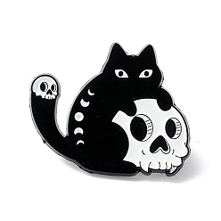 White Skull with Cat  Enamel Pin, Halloween Alloy Brooch for Backpack Clothes, Electrophoresis Black, White, 25x31x1.5mm