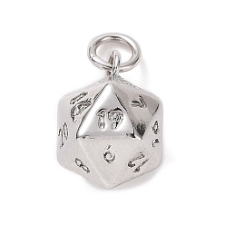 Platinum Rack Plating Brass Charms, with Jump Rings, Long-Lasting Plated, 20 Sided Dice Charm, Platinum, 13.5x9.5x9.5mm, Hole: 3.2mm