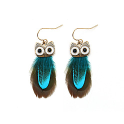 Dark Turquoise Feather Owl Dangle Earrings, Gold Plated Alloy Jewelry for Women, Dark Turquoise, 60x20mm