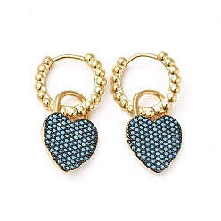 Light Sky Blue Cubic Zirconia Heart Padlock Dangle Hoop Earrings, Real 18K Gold Plated Brass Jewelry for Women, Cadmium Free & Lead Free, Light Sky Blue, 30mm, Pin: 1mm