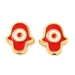 Малиновый Стойки обшивки латунные бусины, с эмалью, долговечный, реальный 18 k позолоченный, Хамса руку с дурным глазом, малиновый, 9.5x8.5x3.5 мм, отверстие : 1.2 мм