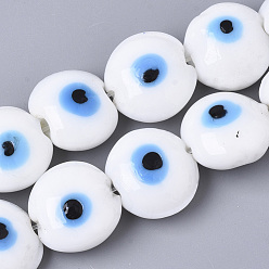 White Handmade Evil Eye Lampwork Beads Strands, Flat Round, White, 16~17x8~9mm, Hole: 1.8mm, about 24pcs/strand, 12.60''(32cm)